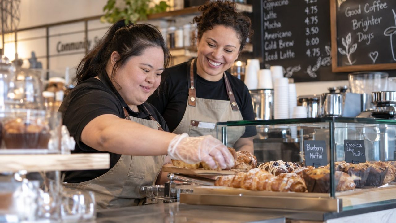 A young woman arranges pastries at a café counter while a coworker smiles beside her