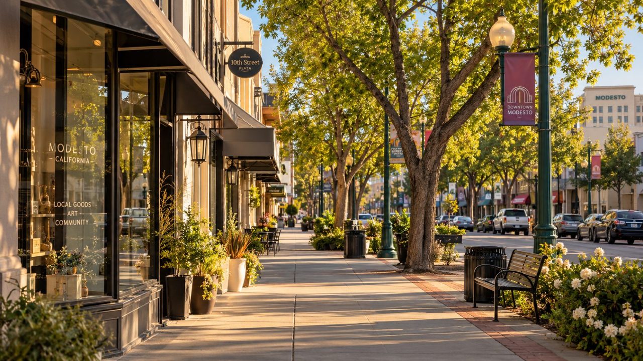 Tree-lined downtown sidewalk in afternoon light
