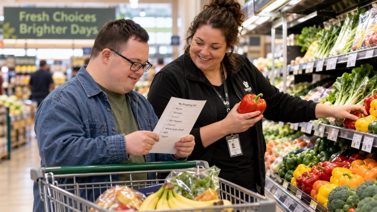 A young man reads his shopping list in the produce aisle with a support professional