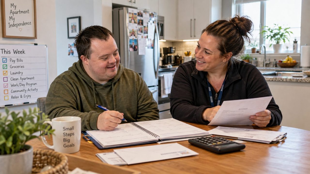 A young man and a support professional review his weekly planner together at a kitchen table